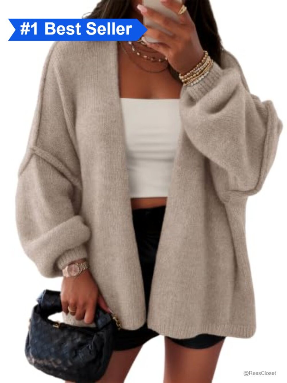 Oversized Lantern Sleeve Open Front Knit Cardigan Sweater